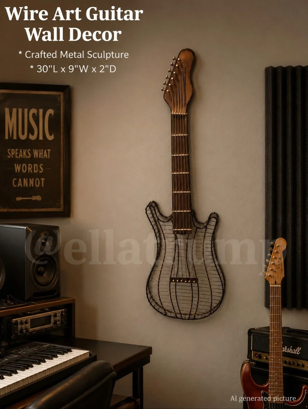 Wire Art Guitar Wall Decor 30x9x2